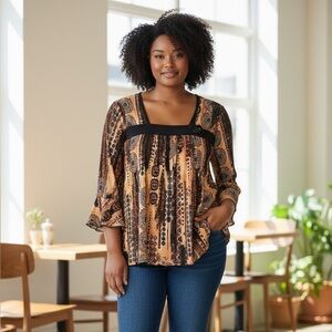 Dressbarn 1X Boho Tunic Top Bell Sleeve Medallion Print Plus Geometric Print